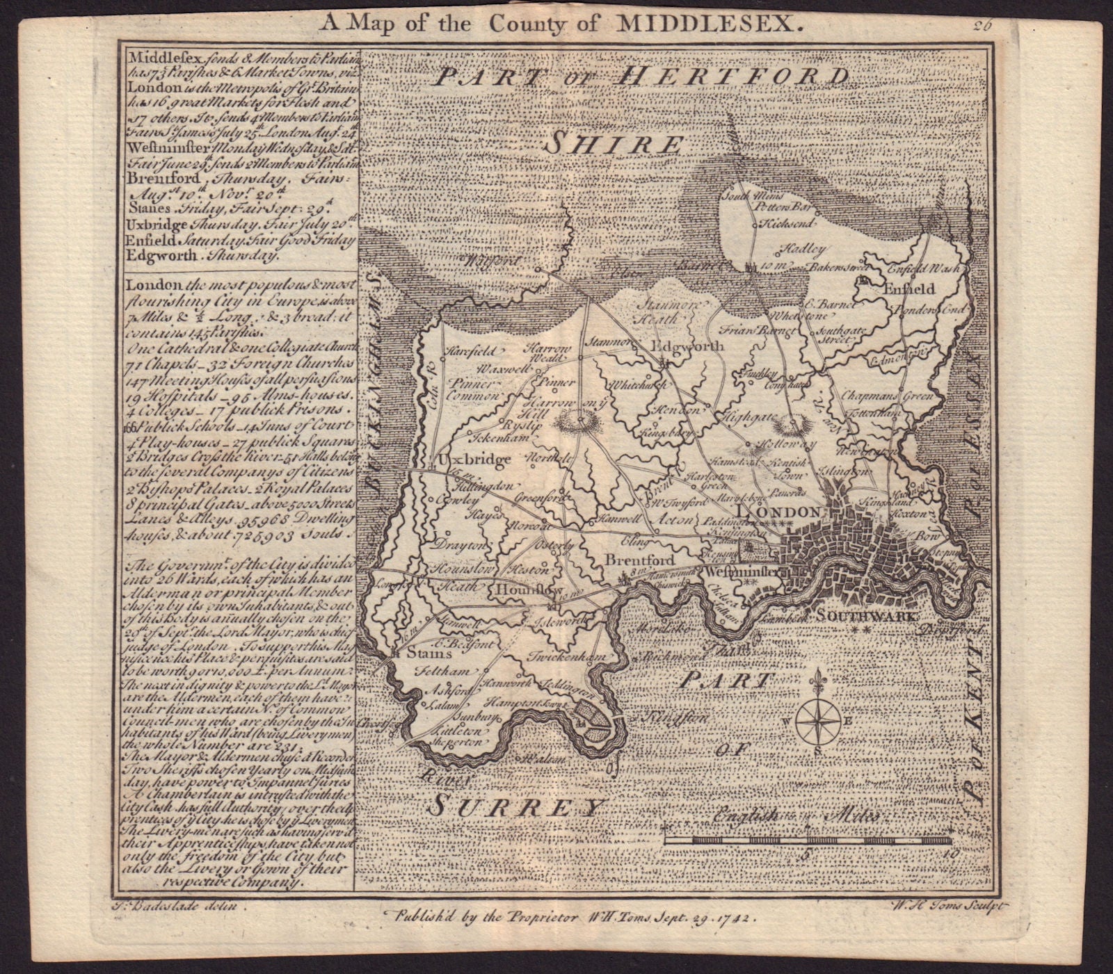 Antique county map of Middlesex by Badeslade & Toms 1742 old chart